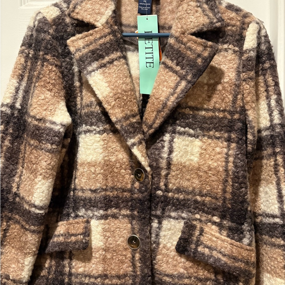 New York Clothing Company Cozy Plaid Teddy Jacket in Browns and Cream - Picture 2 of 4